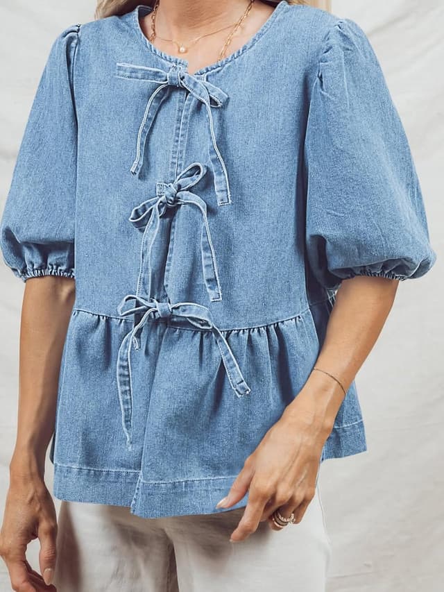 Detalle de Tankaneo Women’s Denim Tie Front Babydoll Peplum Puff Sleeve Jean Shirt