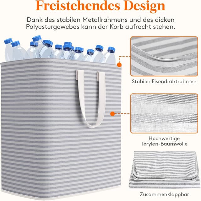 Detalle de Lifewit 100L Wäschekorb (faltbare Wäschebox) mit Griffen, wasserdichter Innenbeschichtung, grau