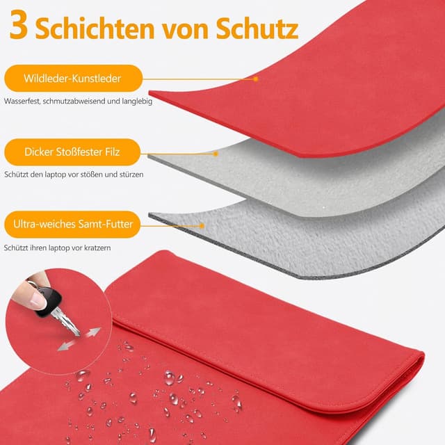 Detalle de HYZUO 13 Zoll Laptop-Hülle aus Kunst-Suede, kompatibel mit ausgewählten MacBook Air/Pro, Dell XPS 13 und Surface Pro – Rot