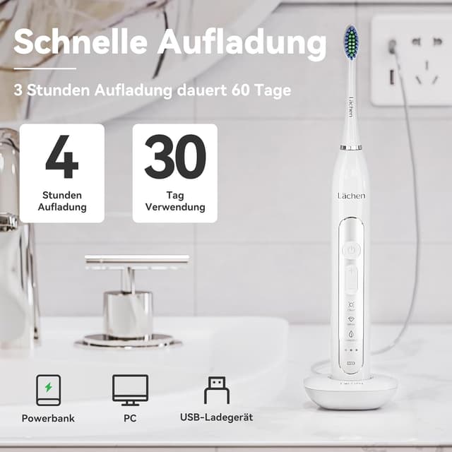 Thumbnail 6 de Lächen Sonic Schallzahnbürste RM-T8B mit Timer, 3 Modi, 4 Aufsteckbürsten & Reisetasche (A-weiß)