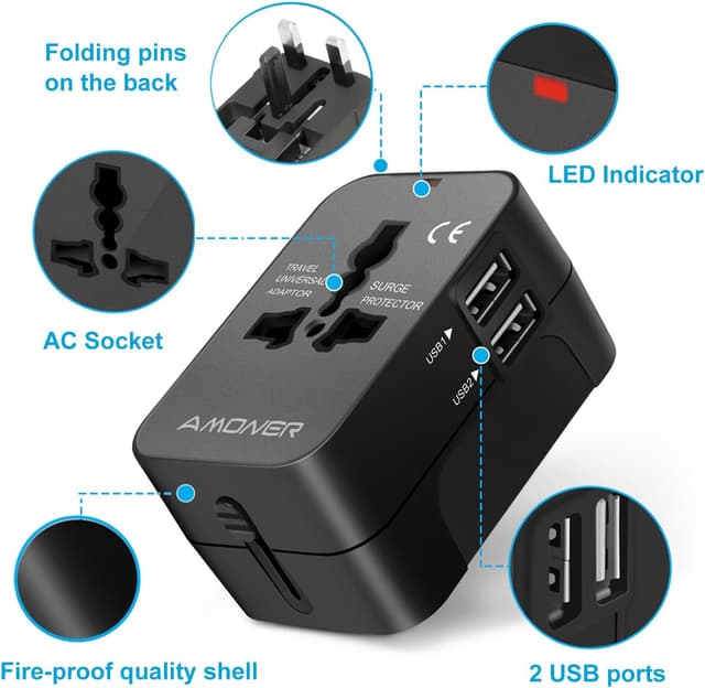 Detalle 1 de Amoner Adattatore da Viaggio universale 180 paesi, 2 porte USB 🔌
