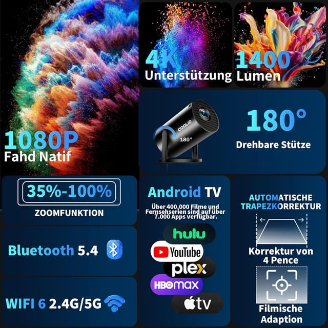 Detalle de Tragbarer Mini-Beamer mit WiFi 6 & Bluetooth 5.4, 1080p/„4K“ Decoding und Android TV – kompakt für Zuhause & unterwegs (schwarz)