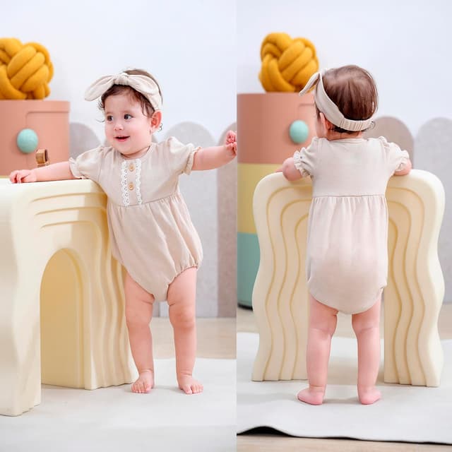 Detalle de MAMIMAKA 3-Pack Cotton Bubble Romper Short Sleeve Bodysuit Set for Newborn Baby Girls