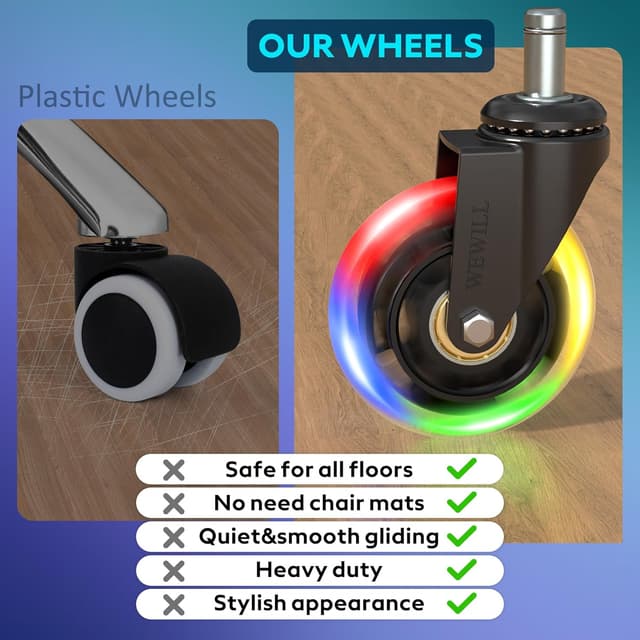 Detalle de WEWILL RGB Bürostuhl Rollen (3" / 11×22 mm) – 5er Set, leuchten beim Rollen in 4 Farben, ohne Batterie