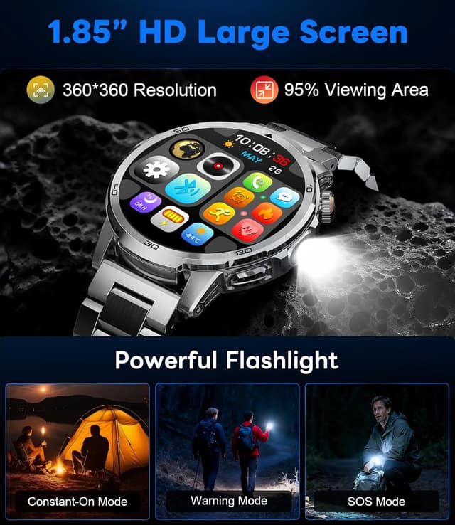 Detalle de Montre connectée homme 1,85" avec appels Bluetooth, cardio et sommeil, étanchéité IP68, torche LED 1000 mAh