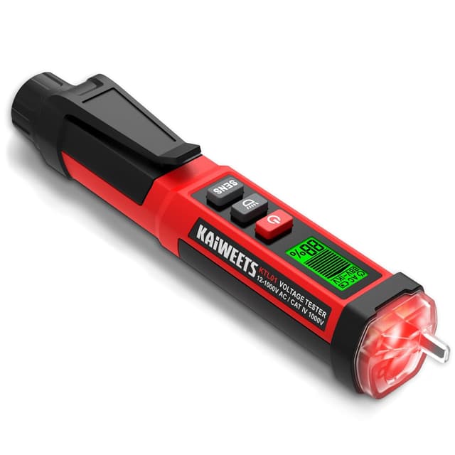 Detalle de KAIWEETS Cercafase Senza Contatto NCV – Tester di tensione 12-1000V / 70-1000V AC con display LCD, allarme e torcia LED (ETL CAT IV)