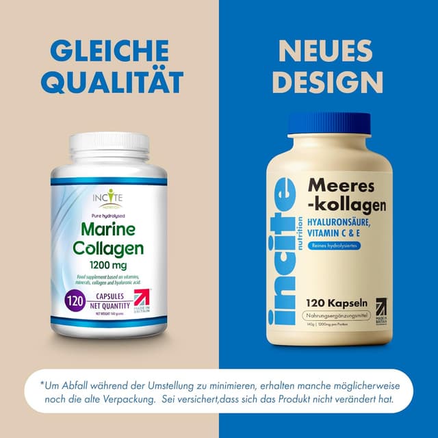 Detalle 2 de Incite Nutrition Meereskollagen Typ 1 hydrolysiert mit Vitaminen C, E, B12, Kupfer, Zink & Jod – 1.200 mg, 120 Stück