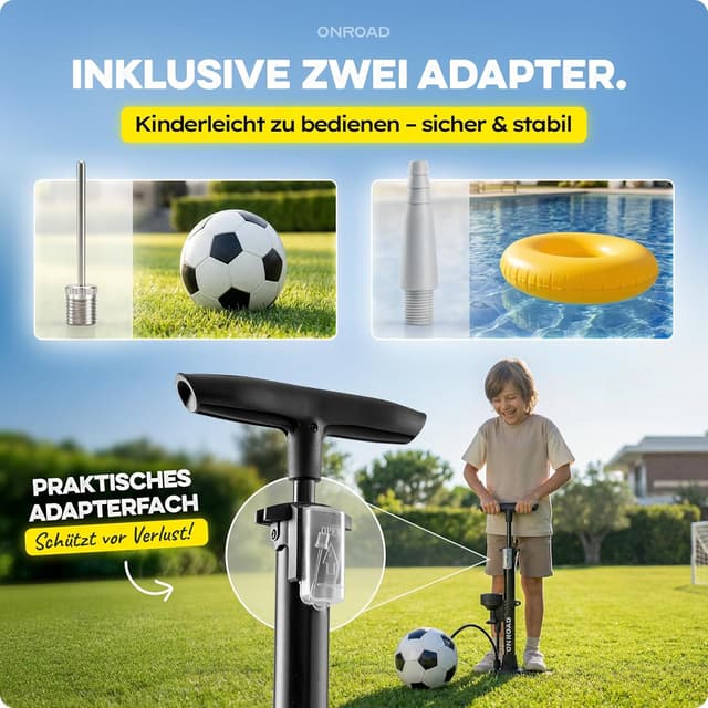 Detalle de ON‑AIR Fahrradpumpe für alle Ventile (Presta/SV, AV, DV) – Standluftpumpe mit großem Manometer, Adapter & Ballnadel