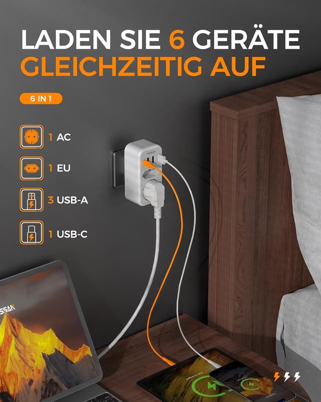 Detalle 2 de TESSAN Reiseadapter Italien 6 in 1 L, 2500 W