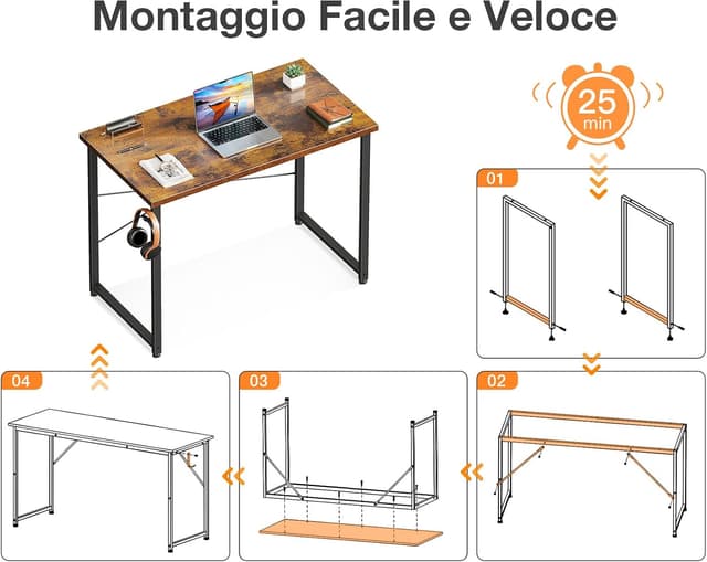 Detalle de ODK Scrivania da ufficio 80x40 cm in metallo e truciolato, piccola scrivania PC marrone