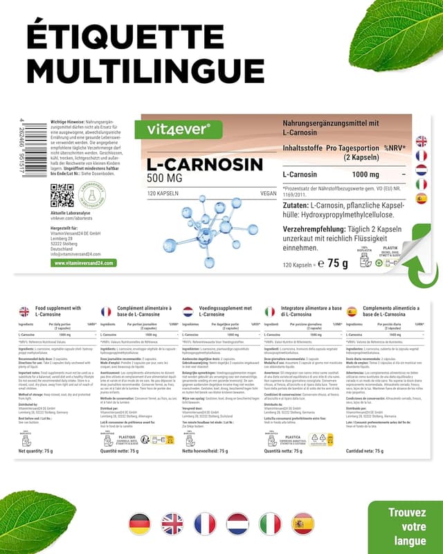 Thumbnail 5 de L-Carnosine 120 capsules - 1000 mg par jour