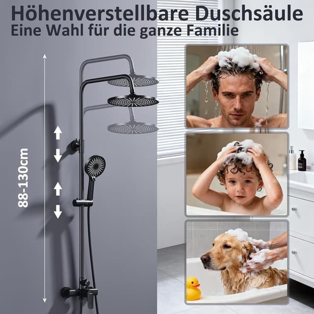 Detalle de Duschsystem mit Armatur – höhenverstellbare Regendusche (26 cm) & 3-funktion Handbrause aus Edelstahl