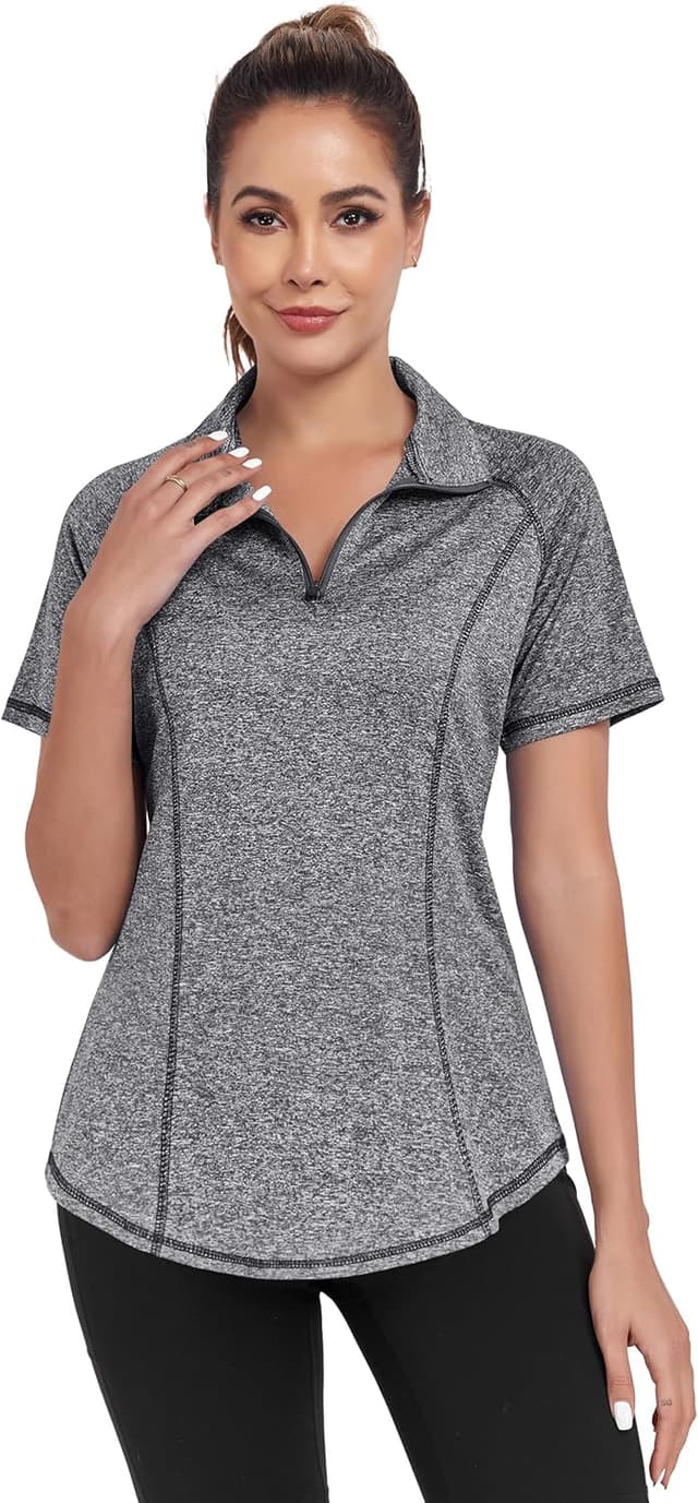 Detalle 2 de DUVOWE Sportshirt Damen Kurzarm mit 1/4 Reißverschluss – Funktions-T-Shirt für Gym, Workout & Laufen