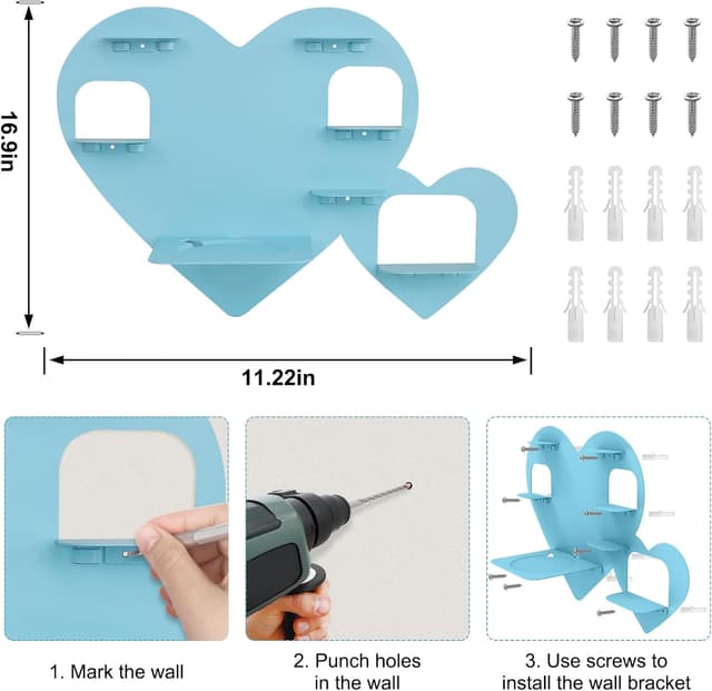 Detalle de Riuog Tonie Shelf for Toniebox & Tonie Dolls – Wall-Mounted Magnetic Metal Rack (Blue, Heart Design)