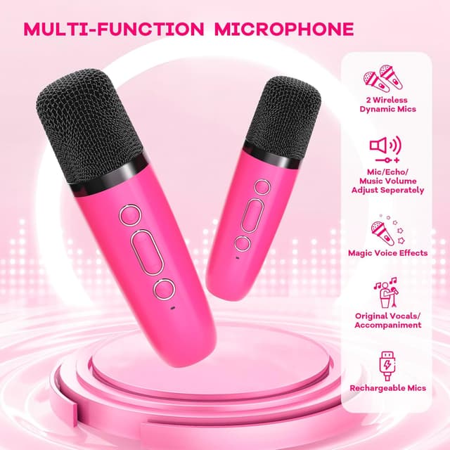 Detalle 2 de YLL Mini Kinder-Karaoke-Maschine mit 2 Mikrofonen (Hotpink) – tragbarer Bluetooth-Karaoke-Spaß für Kinder