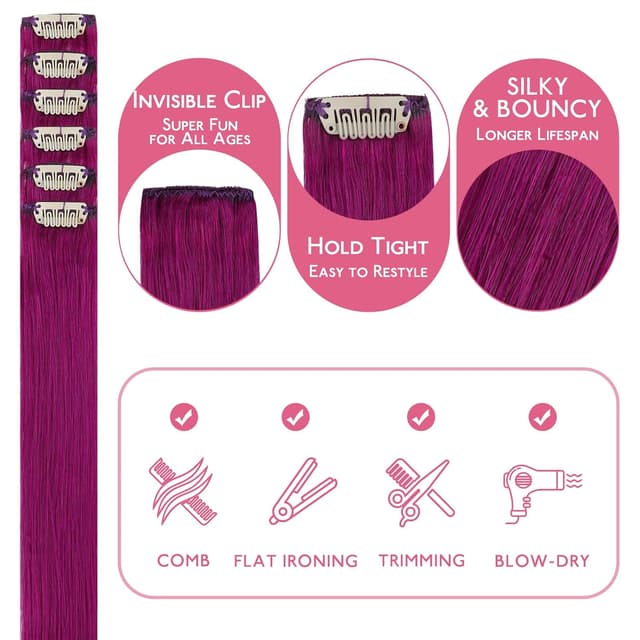 Detalle de WENNALIFE Violett Clip-in Extensions Echthaar (50 cm, 6 Stück/30 g) – Remy-Haar mit Clip-Technik