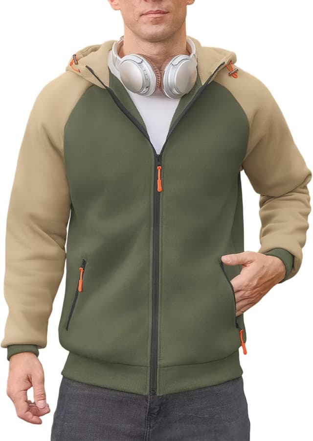 Detalle 2 de Elainone Men’s Zip Up Hoodie with Fleece Lining (Colour Block) – Warm, Pockets & Full-Length Zip, UK Size M–3XL