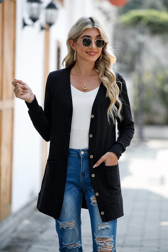 Detalle 2 de GRECERELLE women’s long sleeve open front cardigan with pockets (ribbed knit, lightweight)