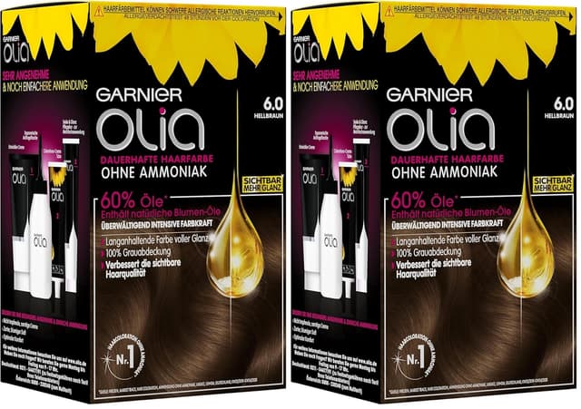 Detalle de Garnier Olia Dauerhafte Haarfarbe ohne Ammoniak 6.0 Hellbraun (Packung mit 2), inkl. Pflegekur