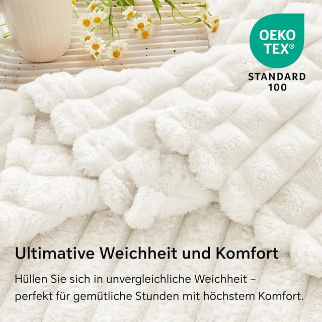 Detalle de BEDELITE Kuscheldecke flauschig aus Flanell 150x200 (Creme/Weiß) als Couch-Überwurf