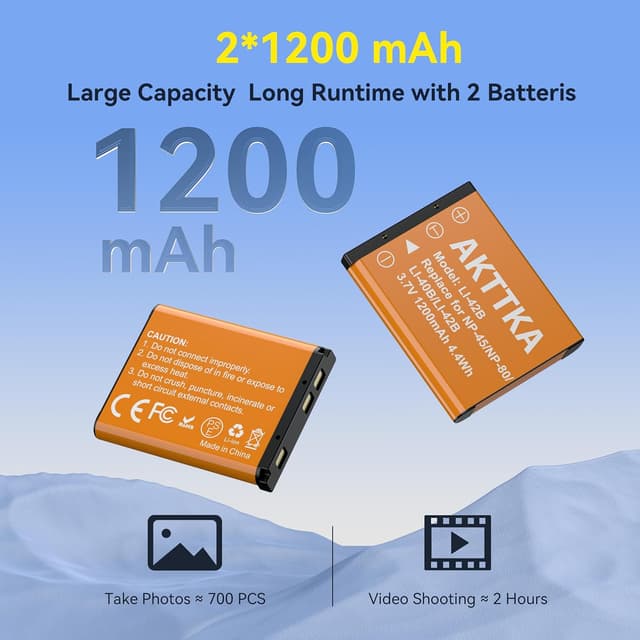 Detalle de Kit batterie AKTTKA NP-45 (2×1200mAh) con caricabatterie USB-C compatibile Olympus, Nikon e Fujifilm