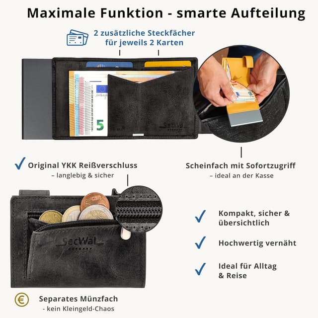 Detalle 2 de SecWal Kartenetui mit Münzfach und Reißverschluss – Echtleder Mini-Geldbörse mit RFID-Schutz (9,5 × 7,0 × 2 cm)