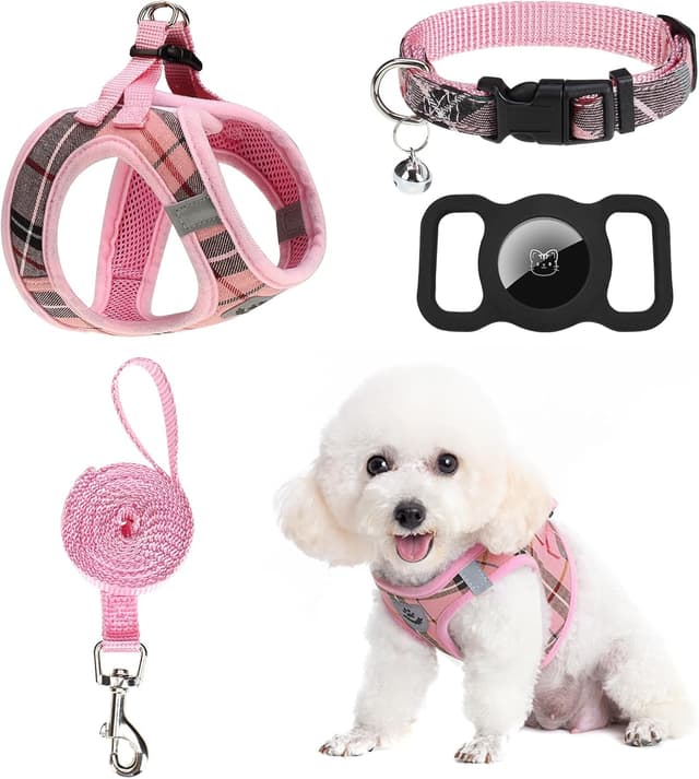 Detalle de EXPAWLORER Hundegeschirr-Set mit Leine und Halsband (kariert, mittel, rosa) – kleines Outfit für Spaziergänge