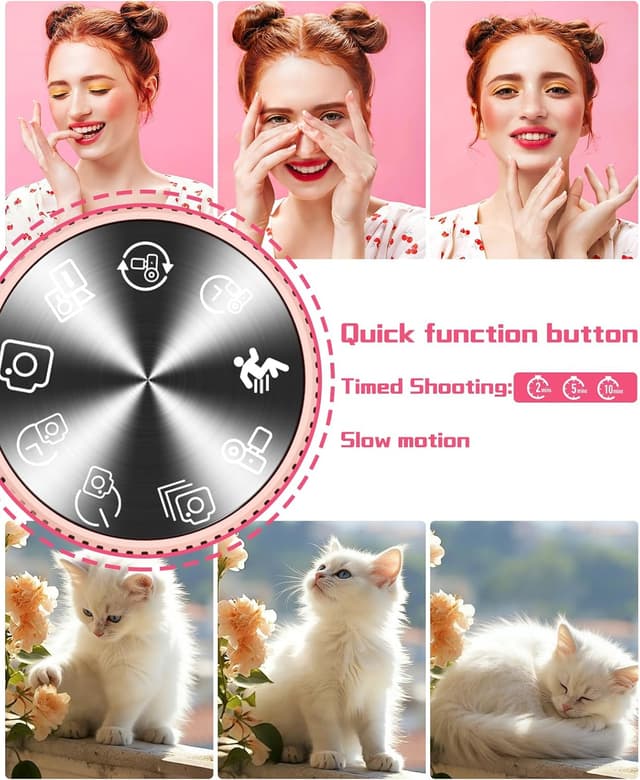 Detalle de LONGYI Digitalkamera 5K 75MP mit 18x Zoom, 180° Selfie-Display & WLAN (64 GB, Rosa)