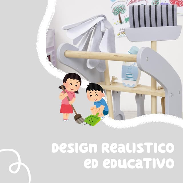 Detalle de Baroni Toys Carrello Pulizia in Legno Montessori con 8 Pezzi, trainabile, con accessori per la raccolta differenziata