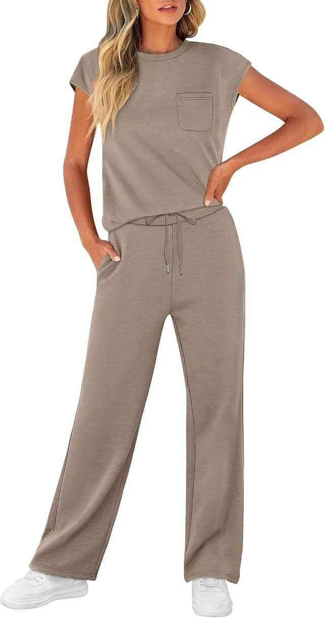 Detalle de WIHOLL 2-Piece Women’s Casual Summer Travel Lounge Set (Cap Sleeve Top + Wide-Leg Pants)