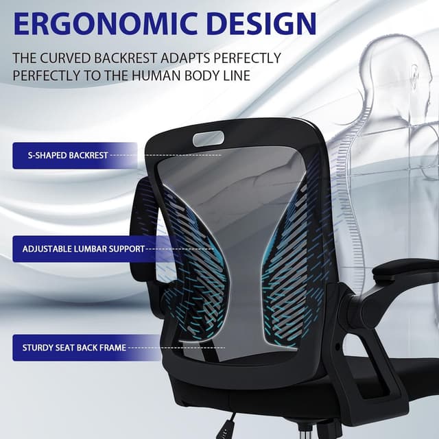 Detalle 2 de Milacyee ergonomischer Bürostuhl mit Klapparmlehnen, Netzrücken und 360°-Drehfunktion