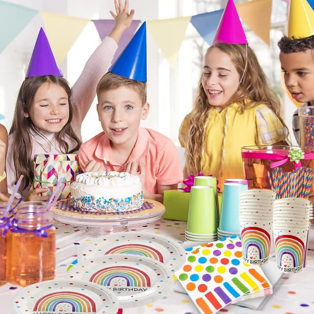 Detalle 2 de YRsorn Regenbogen Deko Kindergeburtstag Partygeschirr für 10 Gäste