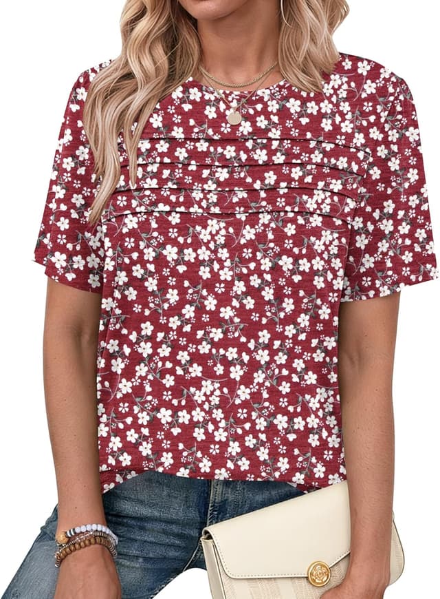 Thumbnail 6 de PLMOKEN T-shirt femme col rond plissé manches courtes, haut d’été fluide