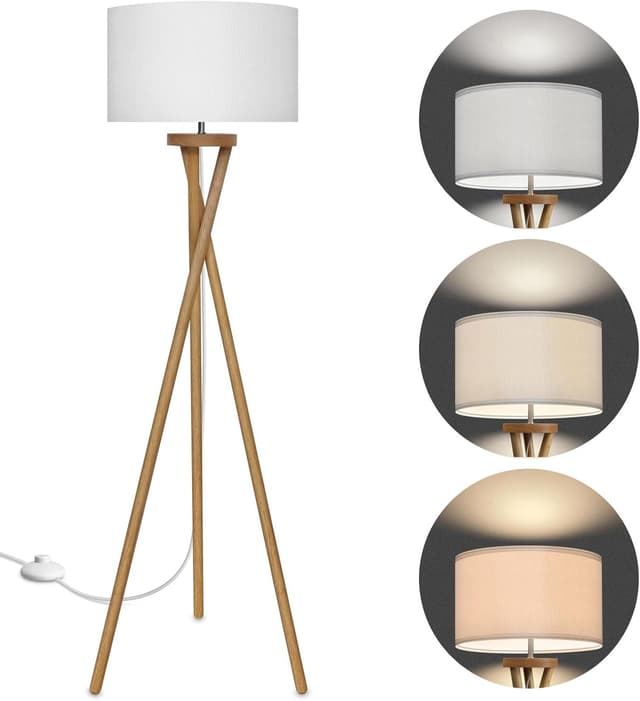 Detalle de Lampadaire sur pied BBHome style scandinave en bois avec abat-jour blanc et ampoule LED E27 9 W