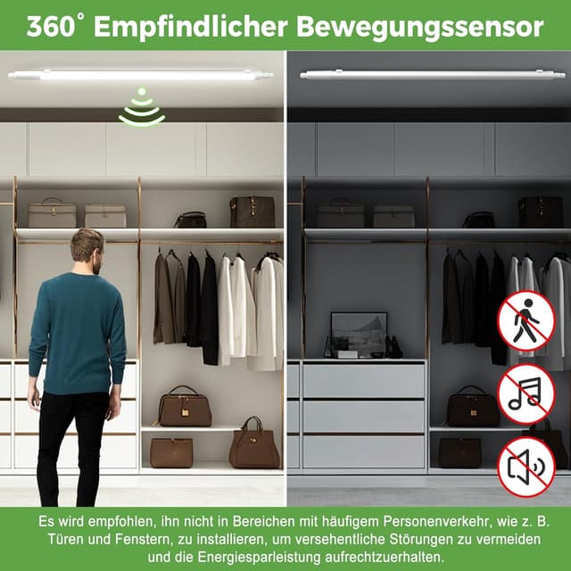 Detalle de zemty Feuchtraum-LED-Leuchte 120 cm mit Bewegungsmelder, 4000K, IP65 (36W, 3.960 lm)