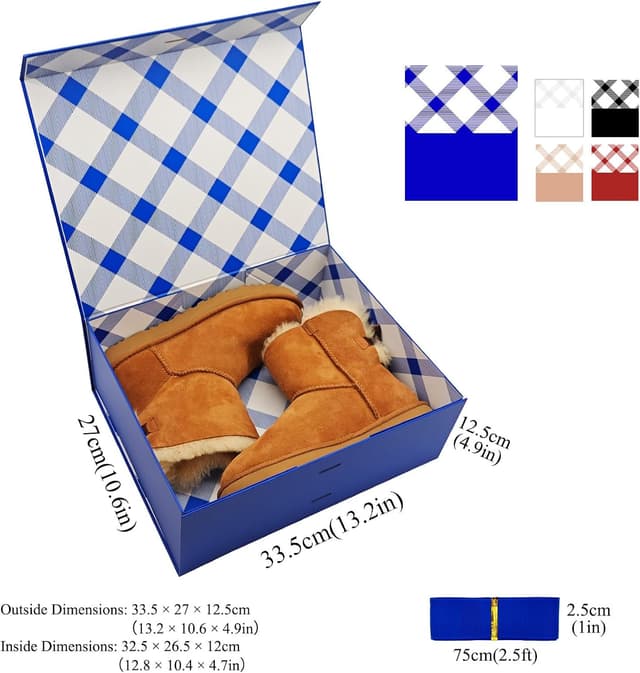 Detalle 2 de Tekhoho große Geschenkbox Blau (33,5 x 27 x 12,5 cm) mit Magnetdeckel und kariertem Innenfutter