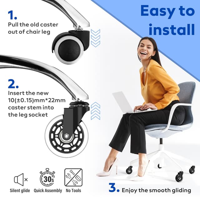 Detalle 2 de WEWILL Bürostuhl Rollen für Hartboden (Gummi-/Polyurethan-Rollen) – 10 x 22 mm, nur kompatibel mit 1KEA