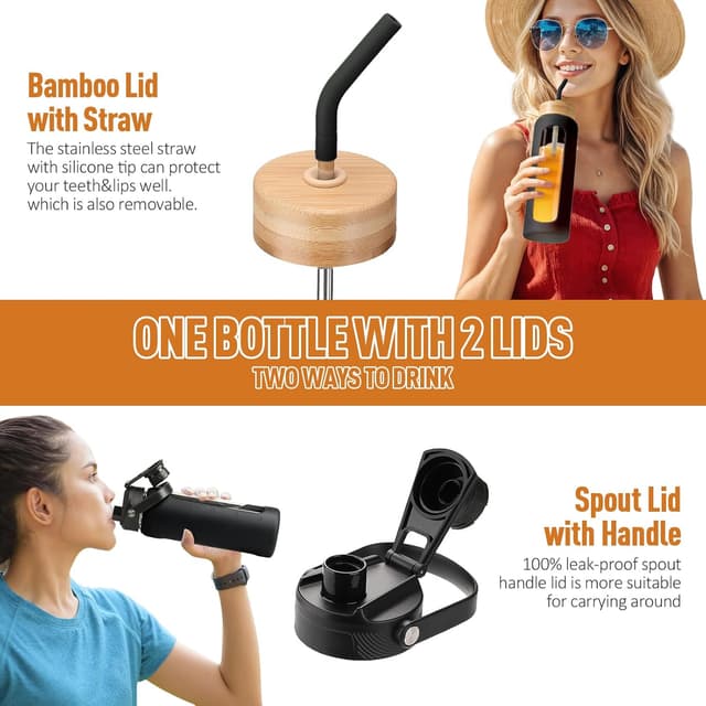 Thumbnail 2 de BLUEGO 600ml Glass Water Bottle with Straw and 2 Lids