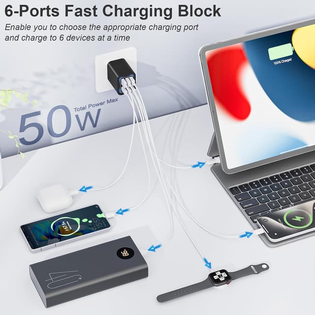 Detalle de USB C Plug 50W 6-Port Fast Charger (UK PD + QC) Black — Multiport Type C wall charger adapter