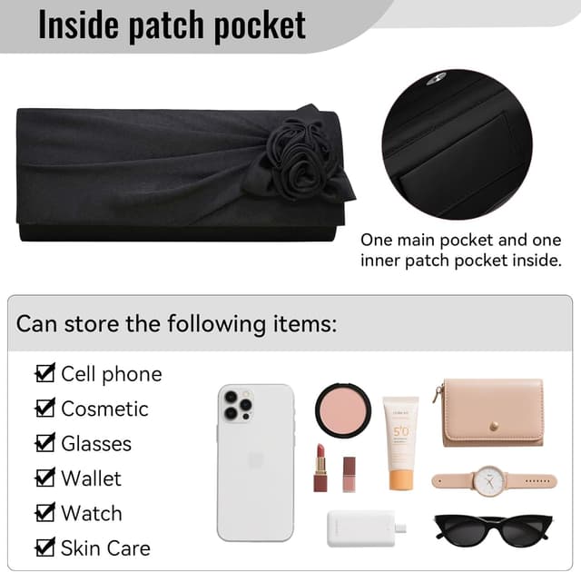 Thumbnail 6 de Wocharm ladies satin clutch bag with rose – 3-in-1 evening handbag