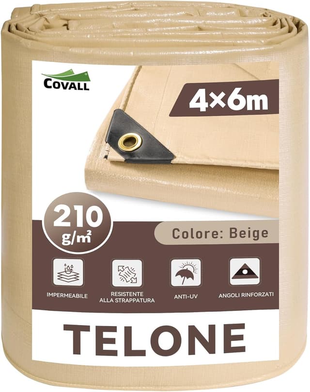 Detalle de COVALL Telo Impermeabile Esterno 210 g/m² da 4x6 m con occhielli rinforzati e protezione UV