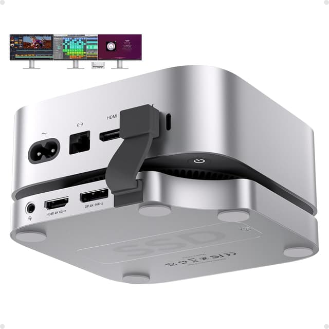 Detalle de PULWTOP Mac Mini M4 Dock con 2 monitores