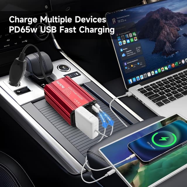 Detalle de FSATBTNE 400W Power Inverter (DC 12V to 110V AC) with 65W USB-C, 18W USB-A, and 2 AC Outlets
