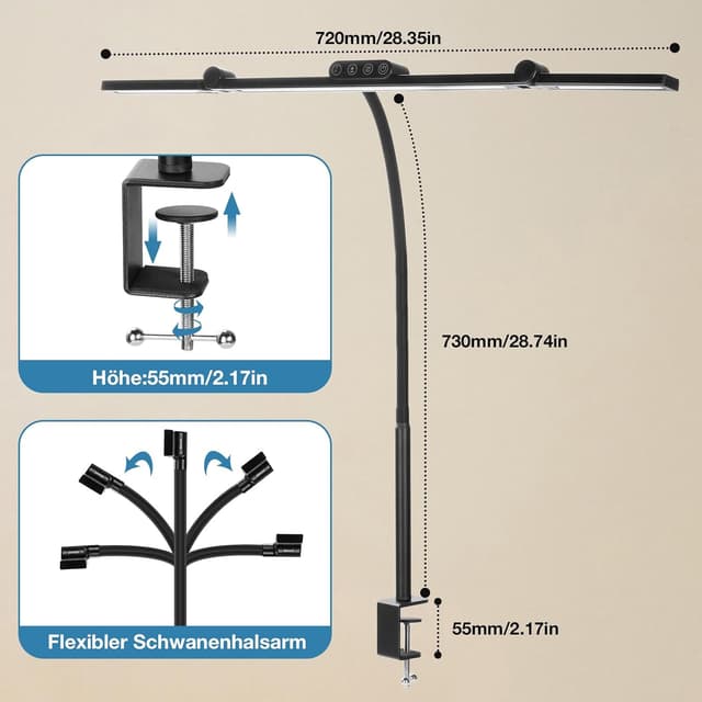Detalle de Asstikoo LED-Schreibtischlampe dimmbar, 24 W, faltbar und klemmbare Monitorlampe fürs Homeoffice