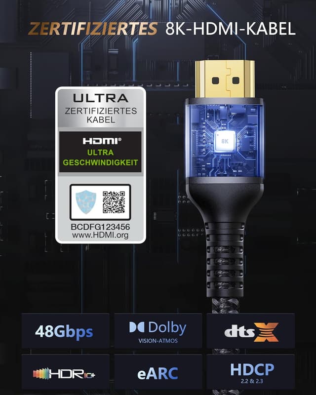Detalle 2 de Stouchi HDMI 2.1 Kabel 3 m mit 48 Gbit/s