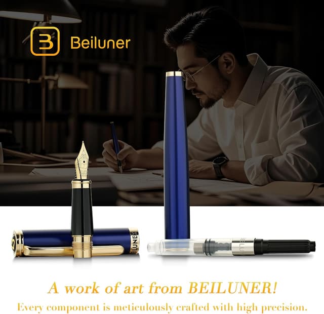 Detalle de BEILUNER Luxury Fountain Pen with Piano Lacquer Finish, 24K Gold Accents and Fine Gilded Nib (Blue & Gold)