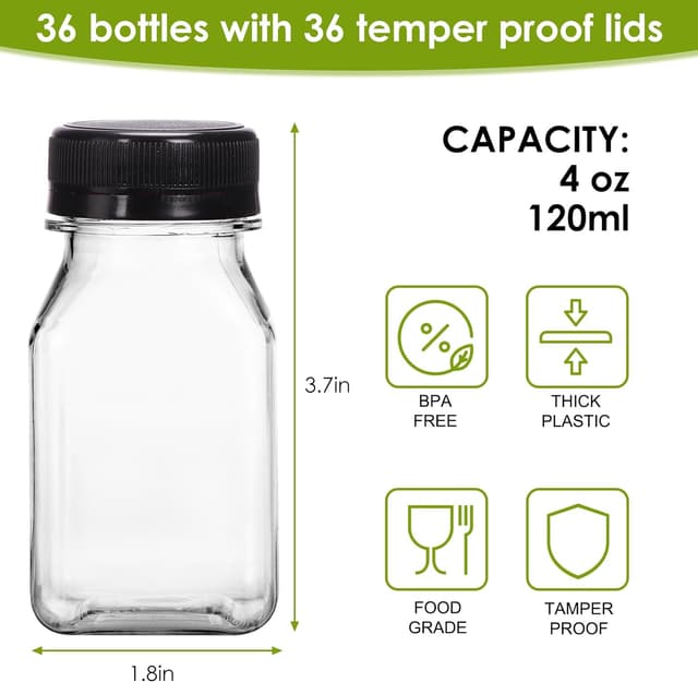 Detalle de Moretoes 36-Pack 4oz Clear Juice Bottles with Caps (PET) for Smoothies, Juicing, and Drinks