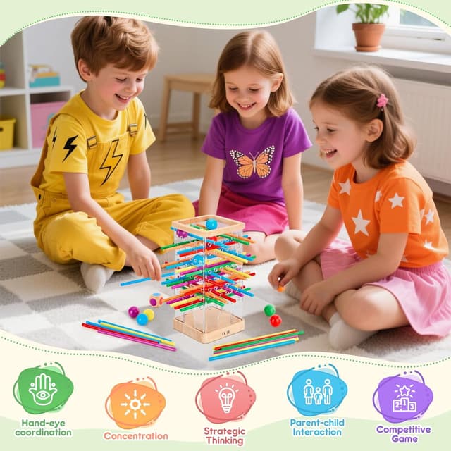 Detalle 2 de Montessori Wooden Board Game Tower Set with 48 Coloured Sticks and 12 Balls (Ages 3+)