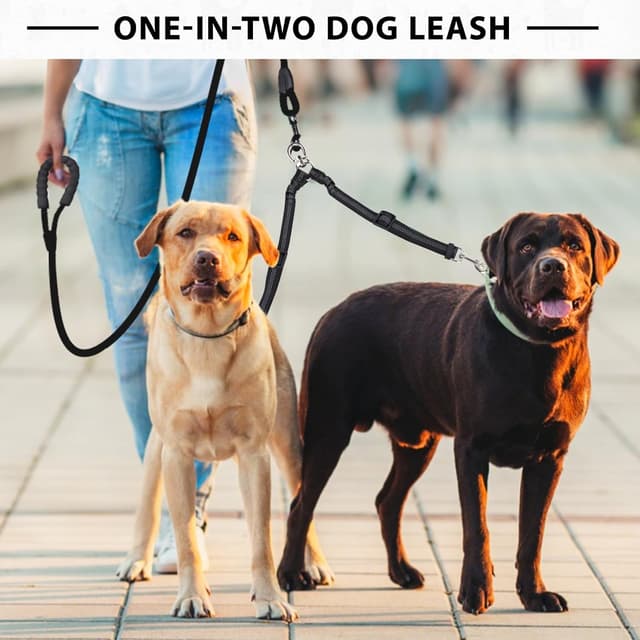 Detalle 2 de Double Dog Lead for 2 Dogs (No Tangle) with 360° Swivel, Reflective & Shock-Absorbing Bungee Handle – Black
