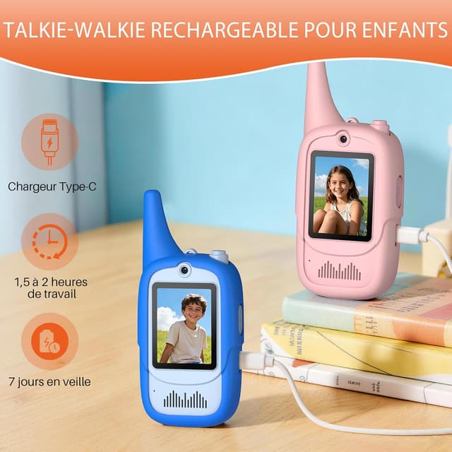 Detalle de FUNYKICH Talkies-Walkies vidéo enfants écran IPS 2 pouces (lot de 2) rechargeable USB-C, portée jusqu’à 350 m